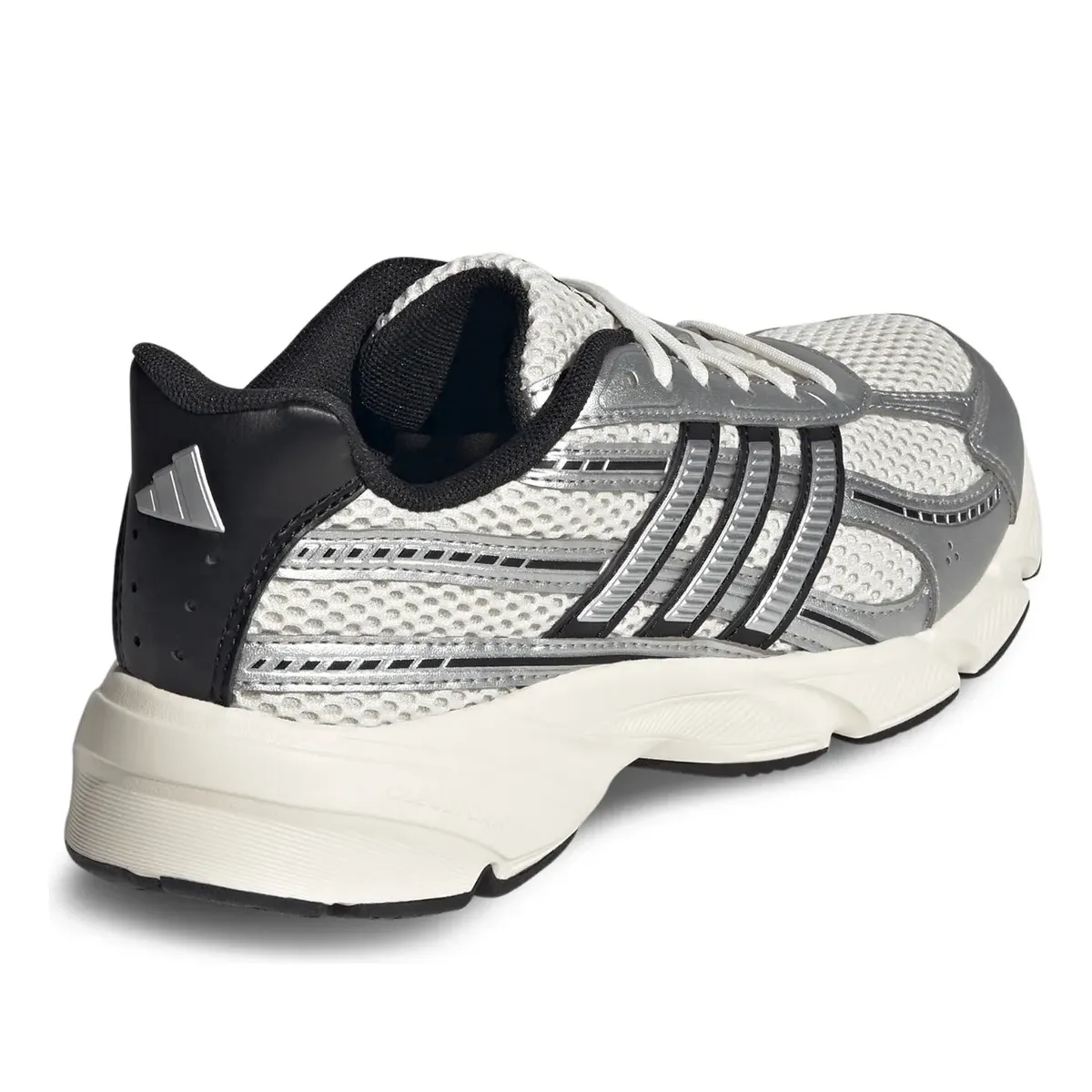 Tênis feminino Adidas Technochaos 2000 branco com detalhes prata metálico e preto, vista traseira lateral esquerda, solado em EVA com borracha preta.